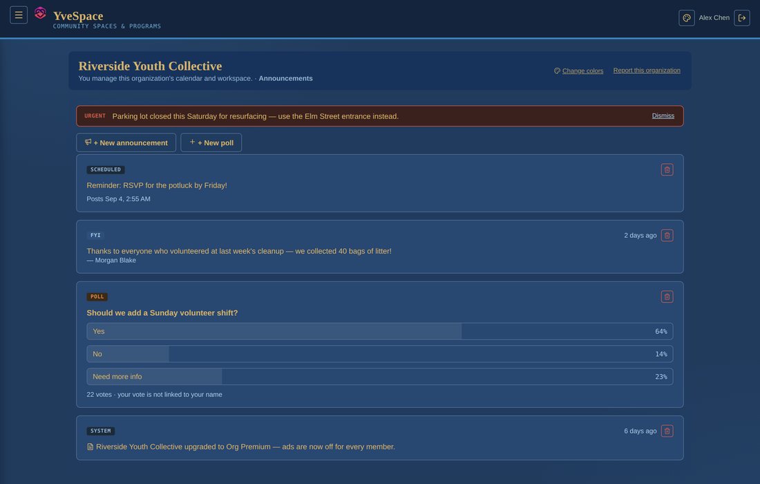 An organization's announcements feed in YveSpace, showing an urgent banner, a poll with results, and a scheduled post