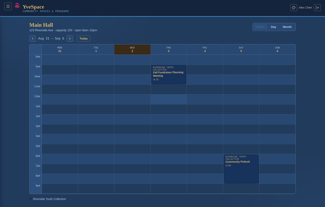 A community space's weekly booking calendar in YveSpace, showing two bookings for Riverside Youth Collective