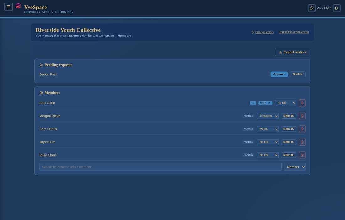 An organization's members tab in YveSpace, showing roles, leadership titles, and a Main IC badge